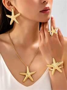 5pcs/Set European And American Fashion Summer Beach Starfish Pendant Necklace, Earrings, Bracelet, Ring Set For Women, Suitable For Beach Vacation Wear - Yellow Gold - View 1