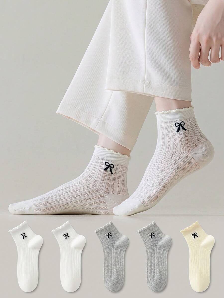 ZUJO 5 Pasang Kaos Kaki Pendek Polos Wanita, Motif Pita, Cocok untuk Perjalanan Keluarga Sepanjang Tahun, Sederhana dan Nyaman, Warna Acak - MultiWarna - View 1