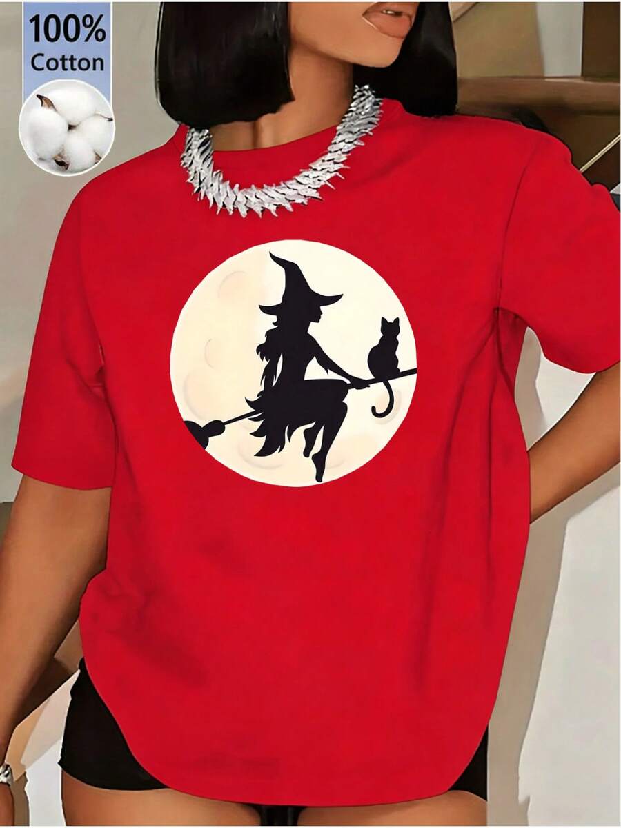 Soft 100% Cotton T-Shirt. A Women's Short-Sleeved T-Shirt, Ideal For Summer, With A Witch And Cat Silhouette Design On The Moon, Made From A Comfortable Material. Perfect For Halloween. - 紅色 - 查看 1