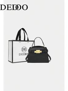 Dedoo Tas Tangan Wanita Kulit PU Motif Leci, Perangkat Keras Emas, Ringan, Modis, Gaya Sehari-hari Kelas Atas (Dengan Tas Hadiah) - Hitam - View 11