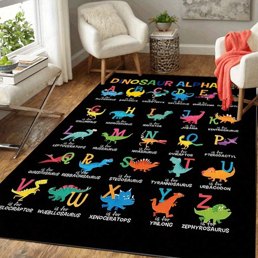 New Store Offer High-Quality Children's Carpet With Fun 3D Dinosaur And English Letter Pattern, Kids Can Learn Letters While Playing, Combines Early Education Function. Machine Washable, Easy Daily Maintenance. Soft And Durable Fabric, Suitable For Bedroom, Living Room, Hallway, Coffee Table Area, Porch And Other Indoor/Outdoor Scenes - Black - View 1