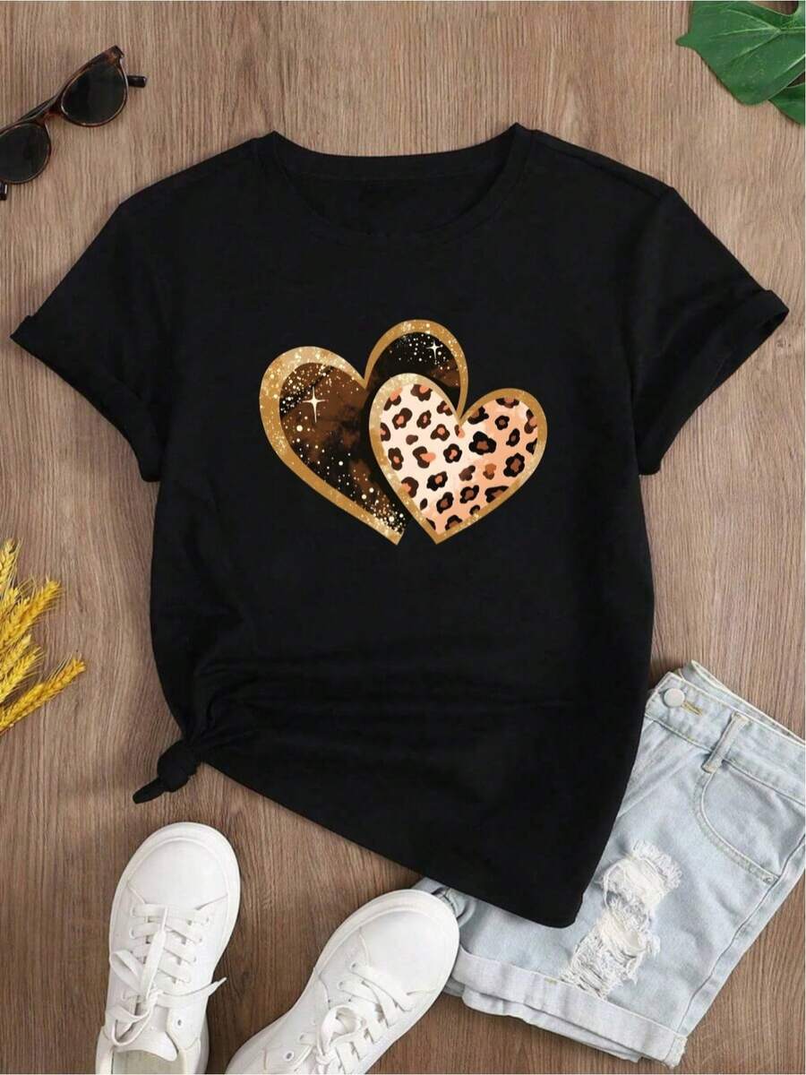 YOCASA Women's Short-Sleeved Crew Neck T-Shirt With Floral, Heart, Cherry And Oil Painting Style Letter Prints, Slim Fit, Casual Sporty Style - 黑色 - 查看 1