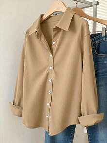 Camisa diaria de botones para mujer de estilo sencillo y unicolor - Marrón - Ver 1
