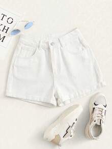 Summer Rolled-Up High-Waisted Denim Shorts - 白色 - 查看 1