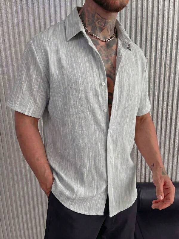 Men's Short Sleeve Button-Down Shirt With Turn-Down Collar, Light Gray Textured Subtle Vertical Stripe Basic Top, Old Money Quiet Luxury Minimalist Clean Fit, Light Business Commute, Coastal Vacation, Street Style, Soft Fabric, Lightweight Breathable, Daily Office, Beach, Travel, Brunch, Summer Casual Menswear