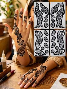 4pcs Symmetrical Floral Henna Tattoo Stencils, Hollow Floral Hand-Drawn Stickers, DIY Henna Paste Templates, Exotic Style Temporary Tattoo Designs For Wedding Hands And Feet - Black - View 12