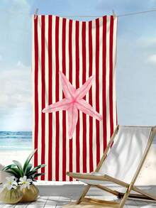1pc Red Striped Beach Towel, Minimalist Striped Starfish Print Large Beach Towel, Ultra-Fine Fiber Quick-Dry Absorbent Sand-Resistant Beach Towel, Towel, Suitable For Travel, Swimming Pool, Diving, Surfing, Yoga, Camping, Beach Party And Party Decoration Beach Towel, Essential For Summer Beach Travel, Vacation Bathroom Decoration Water Party Multi-Functional Beach Towel - Bright Red Stripes - View 3