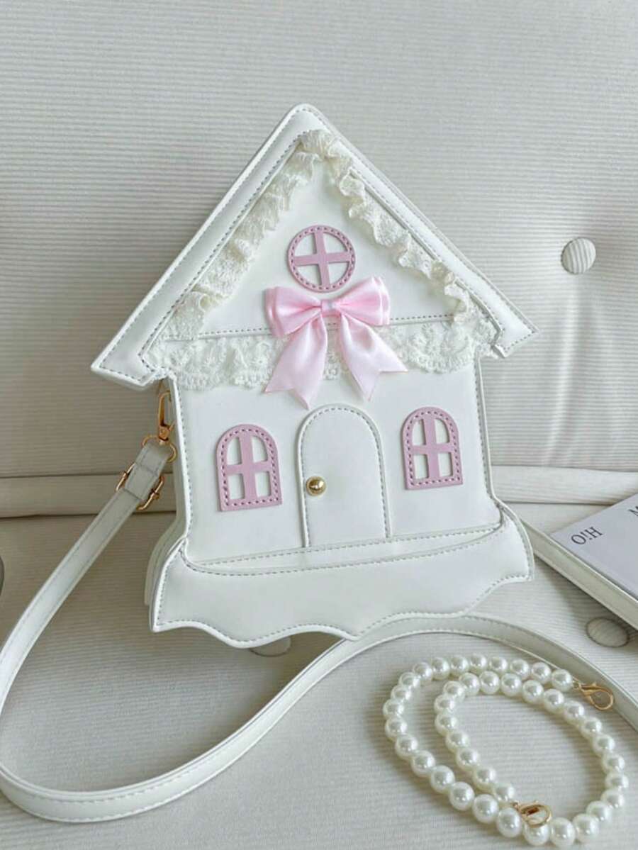 童話小屋包，蕾絲飾邊 + 粉色蝴蝶結，甜美百搭斜挎包