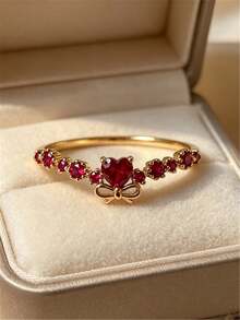 1pc Women's Engagement Ring, Delicate And Elegant Alloy Cubic Zirconia Heart-Shaped Ring, Suitable For Daily Wear, Wedding, Party, Holiday Gift Jewelry - Red - View 10
