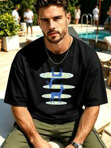 Herren-T-Shirt Mit Hirschmotiv, L?Ssig, 100 % Baumwolle, Bequeme Passform, Streetwear- Und Hip-Hop-Stil, Einzigartiger Grafikdruck, Neuheit - 黑色 - 查看 1