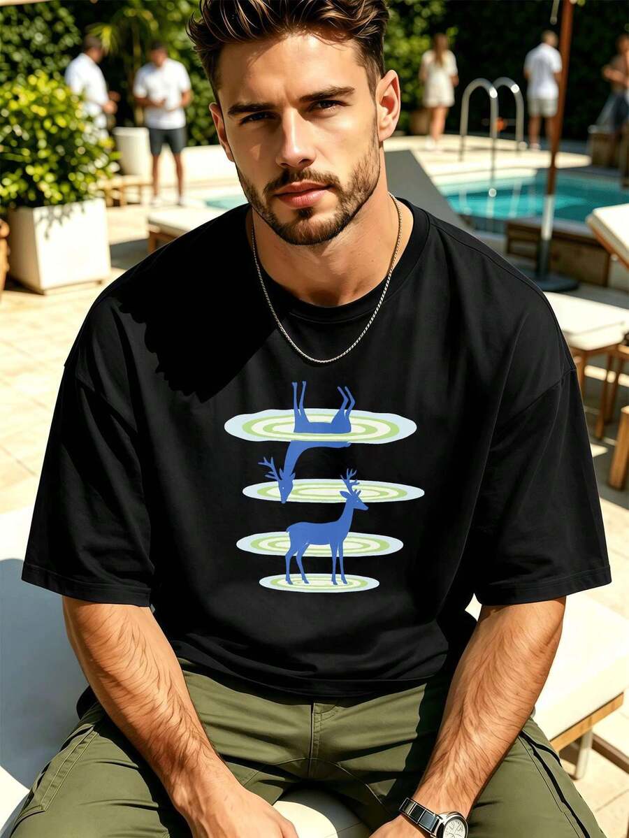 Herren-T-Shirt Mit Hirschmotiv, L?Ssig, 100 % Baumwolle, Bequeme Passform, Streetwear- Und Hip-Hop-Stil, Einzigartiger Grafikdruck, Neuheit - 黑色 - 查看 1