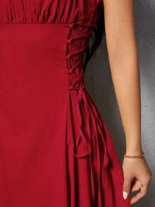 Solid Color Strappy Dress With Ruched Bodice And Side Drawstring - Red - View 5