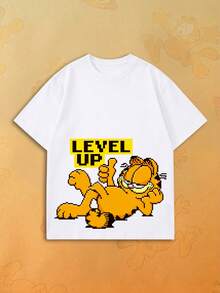 SHEIN | Garfield 女款復古像素卡通與多色字母印花圓領T恤，休閒寬鬆街頭風短袖上衣，夏季日常穿搭 - 白色 - 查看 1