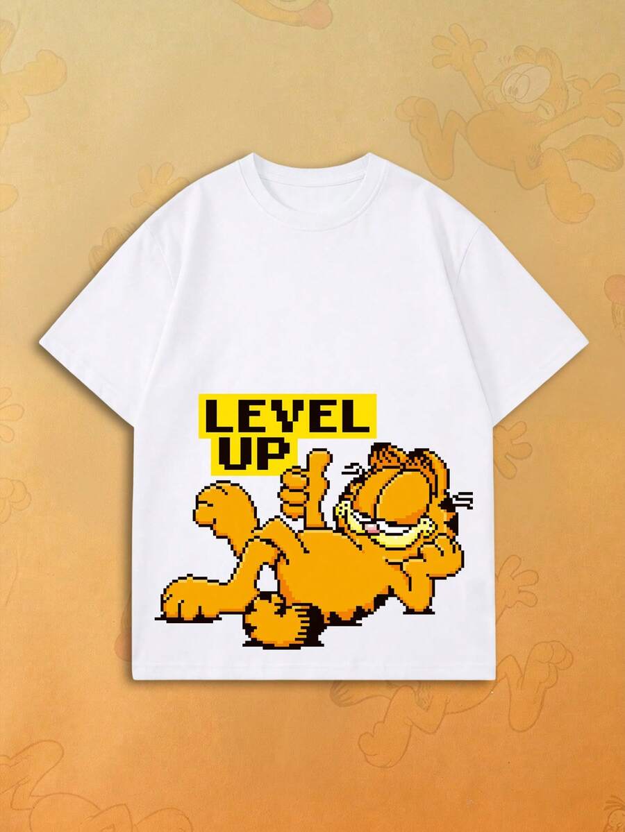 SHEIN | Garfield 女款復古像素卡通與多色字母印花圓領T恤,休閒寬鬆街頭風短袖上衣,夏季日常穿搭 - 白色 - 查看 1