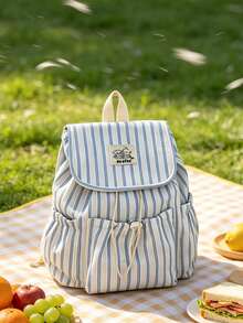 1pc Striped Pattern Drawstring Flap Backpack, Lightweight Casual Backpack, Multi-Pocket Student Backpack, Fashion Accessory For Girls/Teens/Students For Commuting, School, Beach, Travel, Daily Use - Multicolor - View 9