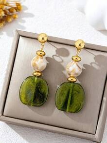 1 Pair Vintage Unique Exaggerated Asymmetric Resin Drop Earrings, Women's Jewelry Accessories For Daily Commute, Vacations, Dates, Banquets And Parties - Gold + Green - View 2