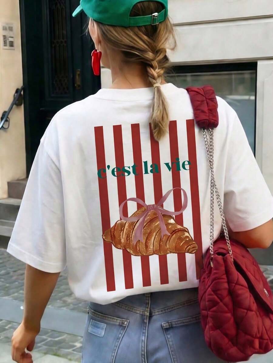 White Women's T-Shirt With Round Neck And Short Sleeves, Holiday Print, Loose Fit, Comfortable, Suitable For Beach, City, Everyday Life, Work And Business Meetings. - White - View 1