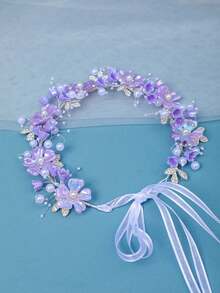 1pc Vintage Elegant Dreamy Purple Pearl Flower Headband, Bridal Wedding Accessory - Multicolor - View 6