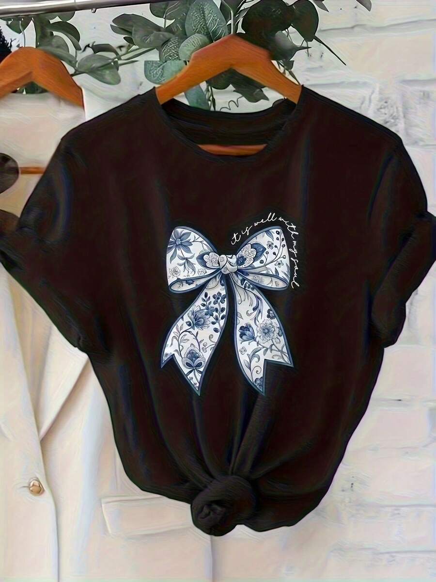ra todas las estaciones. Camiseta casual de verano para mujer con estampado gráfico, manga corta, cuello redondo, suave y transpirable, ideal para uso diario y estilo urbano. Idea de regalo. - Negro - Ver 1