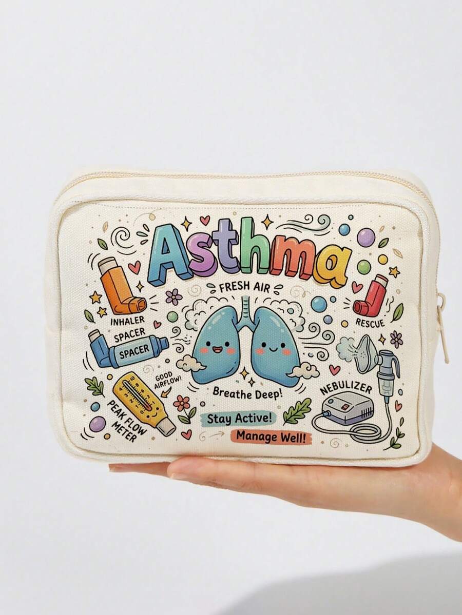 1pc "Asthma" Cute Respiratory Care Print Makeup Bag, Large Capacity Toiletry Bag, Unisex, Suitable As Birthday Gift - Multicolor - View 1