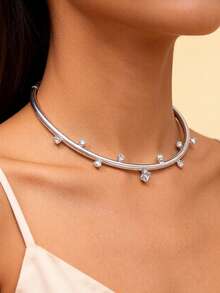 1 pieza Collar de diseño de nicho con apertura asimétrica, con circonita microincrustada, estilo europeo y americano, accesorio de cuello versátil de alta gama - Plateado - Ver 1