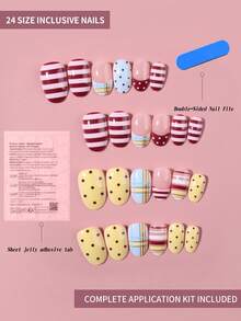 24pcs Kuku Tempel Pendek Oval Warna-warni Gaya Y2K dengan Ujung French Tip, Garis Pelangi, Polka Dot & Desain Bintang, Kuku Musim Semi/Panas, Set Kuku Palsu Akrilik Pas Sempurna, Termasuk 1 buah Lem Jelly & 1 buah Kikir Kuku, Cocok Untuk Penggunaan Sehari-hari & Pesta Anak Perempuan - MultiWarna - View 3