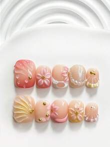 10片裝軟妹風手工穿戴甲，Polygel美甲套組，手工3D五瓣花、白色珍珠、粉色與黃色指甲油，夏季風格，附美甲工具，3種尺寸可選：方形、短方形、杏仁形，適合派對、跳舞、日常配戴 - 彩色 - 查看 13
