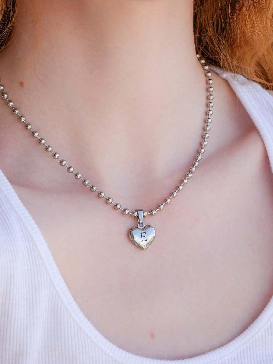 Heart Initial Necklace For Women, A-Z Alphabet Letter Heart Pendant Ball Bead Chain Dainty Personalized Name Initial Jewelry Gift - Silver X - View 1