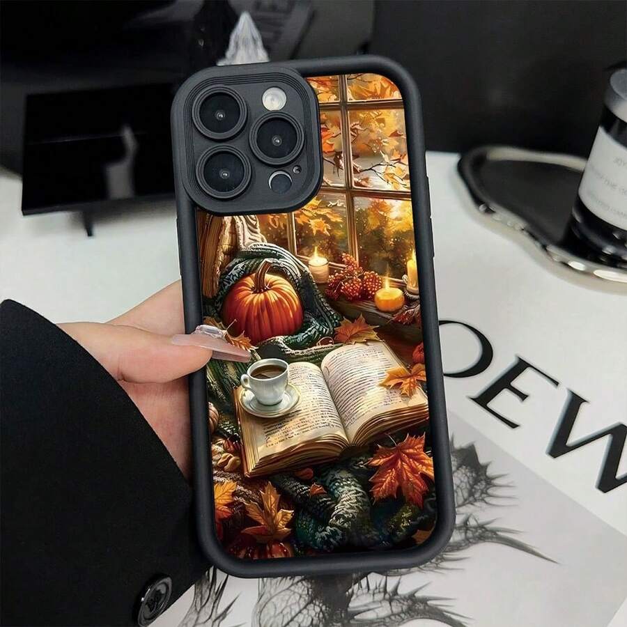 Café, libros, calabaza, patrones creativos personalizados, nueva funda para teléfono modelo "Sky Eye Ladder", divertida, única y elegante, regalo sencillo y moderno para hombres y mujeres, adecuada para iPhone. - (Un color) 1 unidad por paquete - Ver 1