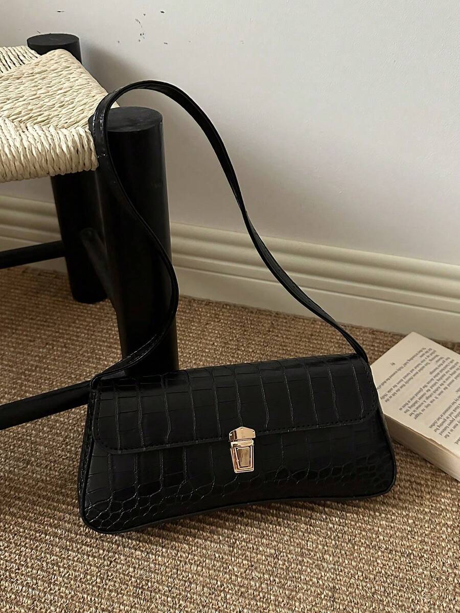 Korean Style Crocodile Embossed Handbag For Women, New Fashion Shoulder Bag, Minimalist Crescent Moon Tote Bag For Women, For Going To Work, Green - 杏色 - 查看 1