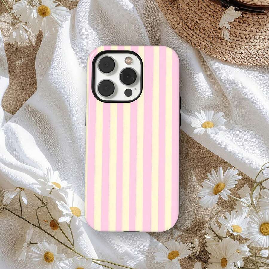 Shockproof Striped Pattern Fashion Phone Case, Striped Green Retro Cream Green Line French Elegant Phone Case, Compatible With IPhone17 IPhone16 15 14 IPhone13 12 11 Pro Max Spring Model - 白色7 - 查看 1