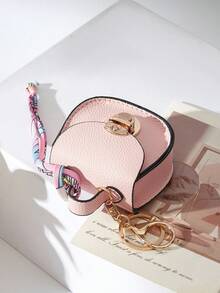 CHARM INFINITE Bolso colgante multifuncional con llavero de cierre giratorio mini en forma de silla de montar, textura de lichi en 7 colores, decoración de cinta de seda estampada, para guardar auriculares, lápiz labial y monedas - Multicolor - Ver 8