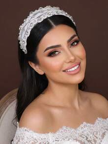 1pc Shiny Silver Rhinestone Headband With Elegant Lace Wide Band, Women's Hair Accessory For Celebration, Festival, Party And Daily Wear - White - View 5