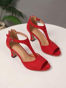 2026 Hot Women's T-Strap High Heel Sandals, Open-Toe Solid Color, Non-Slip Sole For Wedding Party & Daily Matching - 紅色升級版 - 查看 4