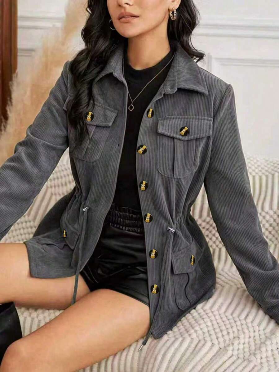 女款燈芯絨襯衫外套,抽繩腰部設計,長袖鈕扣開襟襯衫領夾克,秋季時尚外套 - 灰色 - View 1