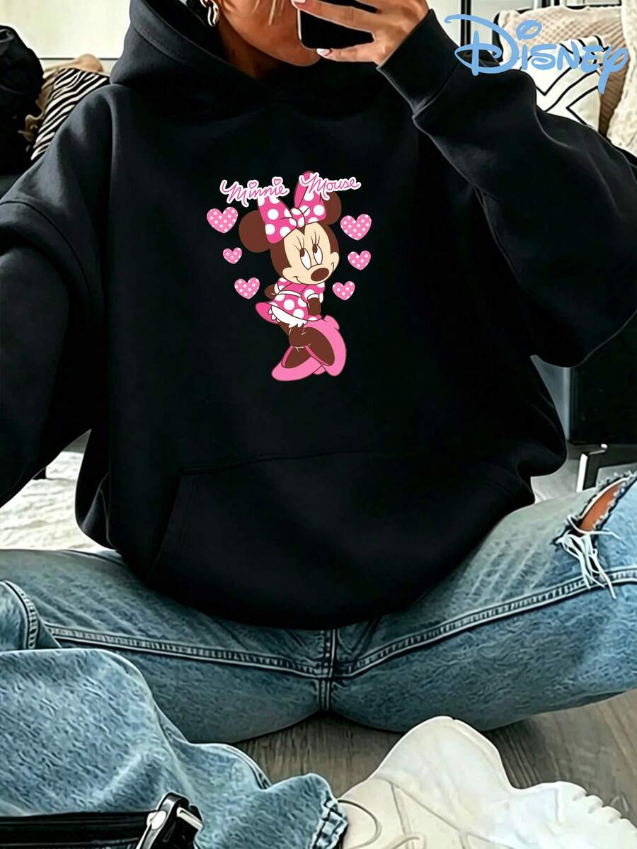 Oversized Disney Minnie Mouse Graphic Hoodie Casual Long Sleeve Drop Shoulder Pullover Sweatshirt For Women With Pocket - Black - View 1