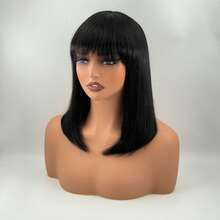 Natural Black Colored Short Bob With Bangs Full Machine Made Wig 12inch Silk Straight Glueless Wig No Lace Ready To Wear Real Human Hair Wig Cap For Beginners Non Lace Wig Bob Wig - Natural Black - View 4