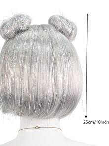 Silver Gray Glitter Bob Wig With Bangs And Space Buns, Futuristic Cyberpunk Style For Cosplay, Parties And Festivals - 查看 7