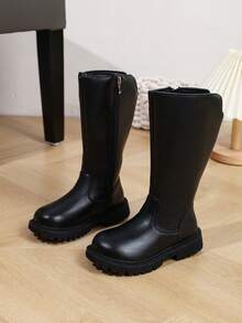 Autumn/Winter Girls' Solid Color High-Top Fashion Boots, Side Zipper Easy On/Off Thick Sole Anti-Slip Long Boots, MinimalistHigh-Top Riding Boots - Black - View 2