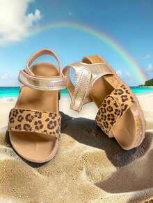 Fashionable Solid-Color Cute Boys' And Girls' Soft-Soled Comfortable Sandals With Hook And Loop Design, Toe-Exposed For Easy On And Off, Summer Beach Sandals - Gold - View 3