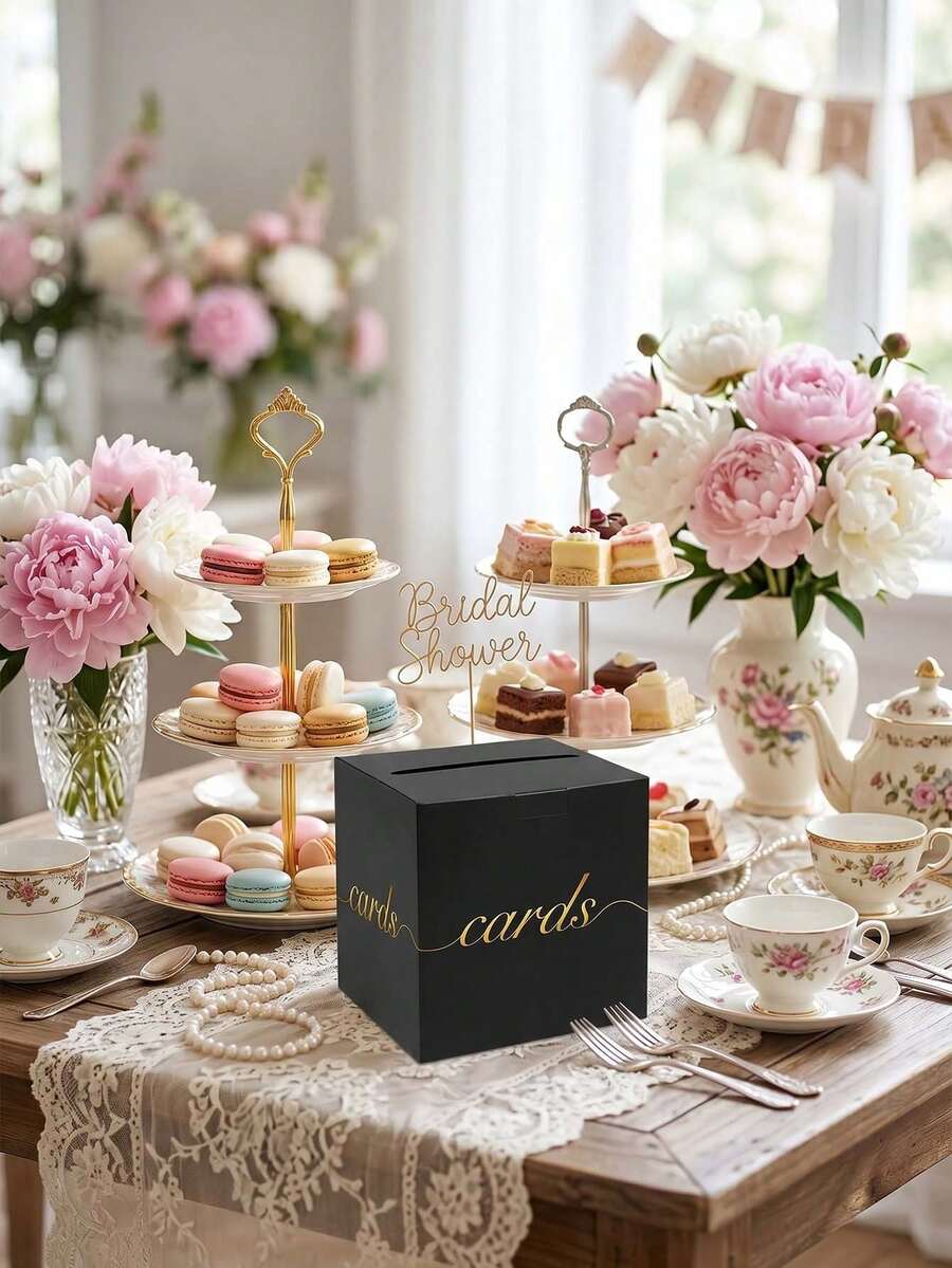 1個黑色紙板金箔婚禮禮品卡盒 信箱式金錢收集盒 適用於婚禮招待會、嬰兒洗禮、週年紀念、生日派對、退休、畢業典禮 信封收納盒