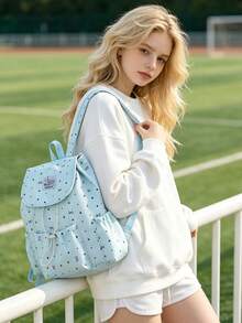 1 pieza Mochila con solapa y cordón con patrón de estrella/lazo, mochila de gran capacidad para uso diario, mochila ligera para el campus, accesorio de moda, adecuada para niñas/adolescentes/estudiantes, aplicable para escuela, trabajo, uso diario, viajes - Multicolor - Ver 9