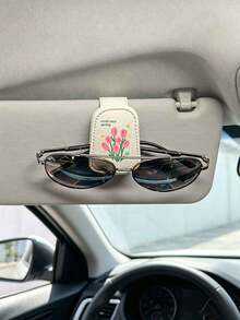 Pink Tulip Print Car Glasses Storage Clip, Magnetic Car Visor Glasses Clip, Universal Leather Car Glasses Holder - Pink Tulips - View 1