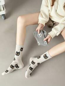 1/5 Pairs Cartoon Cat Print Mid-Calf Socks, Fun Letter Design, Versatile Breathable Multi-Color Casual Socks - Multicolor - View 6