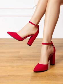 Women Ankle Strap Chunky Heel High Heels Pumps Closed Pointed Toe Fashionable Elegant Wedding Pump Shoes - 紅色 - 查看 9