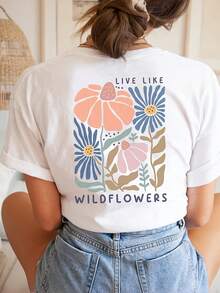 T-shirt ample à manches courtes 100% coton Y2K, imprimé floral, imprimé bohème avec des fleurs sauvages, imprimé au dos pour femme. - Blanc - Voir 1