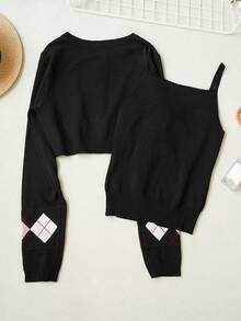 2026 Spring New Arrival Contrast Color Argyle Knit Cardigan + Camisole Two Pieces Set, Girly Minimalist Fitted Outfit - Black - View 8