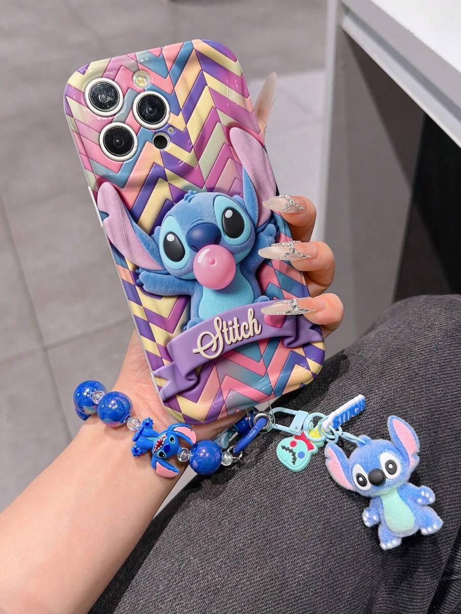 Disney Has Authorized, Phone Case - Chain Set, The Stitch Lilo & Stitch 3D Phone Case Plus A Silicone 3D Stitch Bracelet With Metallic Ring Removable Bracelet, Stitch And Angel Pattern, Compatible With Iphone17/16/15/14/13/12/24/XS/XR/X Plus Pro Max, A Stylish Cartoon Phone Case, The Perfect Gift Choice, Phone Protection, Durable Phone Cover, Great Gift For Friends And Family. - 白色 - 查看 1