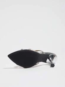 Jin Bei Qi 女款尖頭鏡面金屬感 3D 花瓣交叉綁帶高跟涼鞋，時尚高端夜店戶外活動酒杯跟露趾穆勒拖鞋，婚禮伴娘鞋派對宴會夏季銀色高跟鞋 - 銀色 - 查看 9