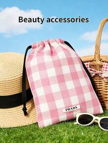 Prada Pink & White Plaid Drawstring Makeup Storage Bag, Soft Fabric Portable Cosmetic Organizer, Large Capacity Skincare Drawstring Pouch, Commute Shopping Short Trip Toiletry Storage Bag, Best Friend Birthday Gift, Fresh Girly Style - Pink - View 5